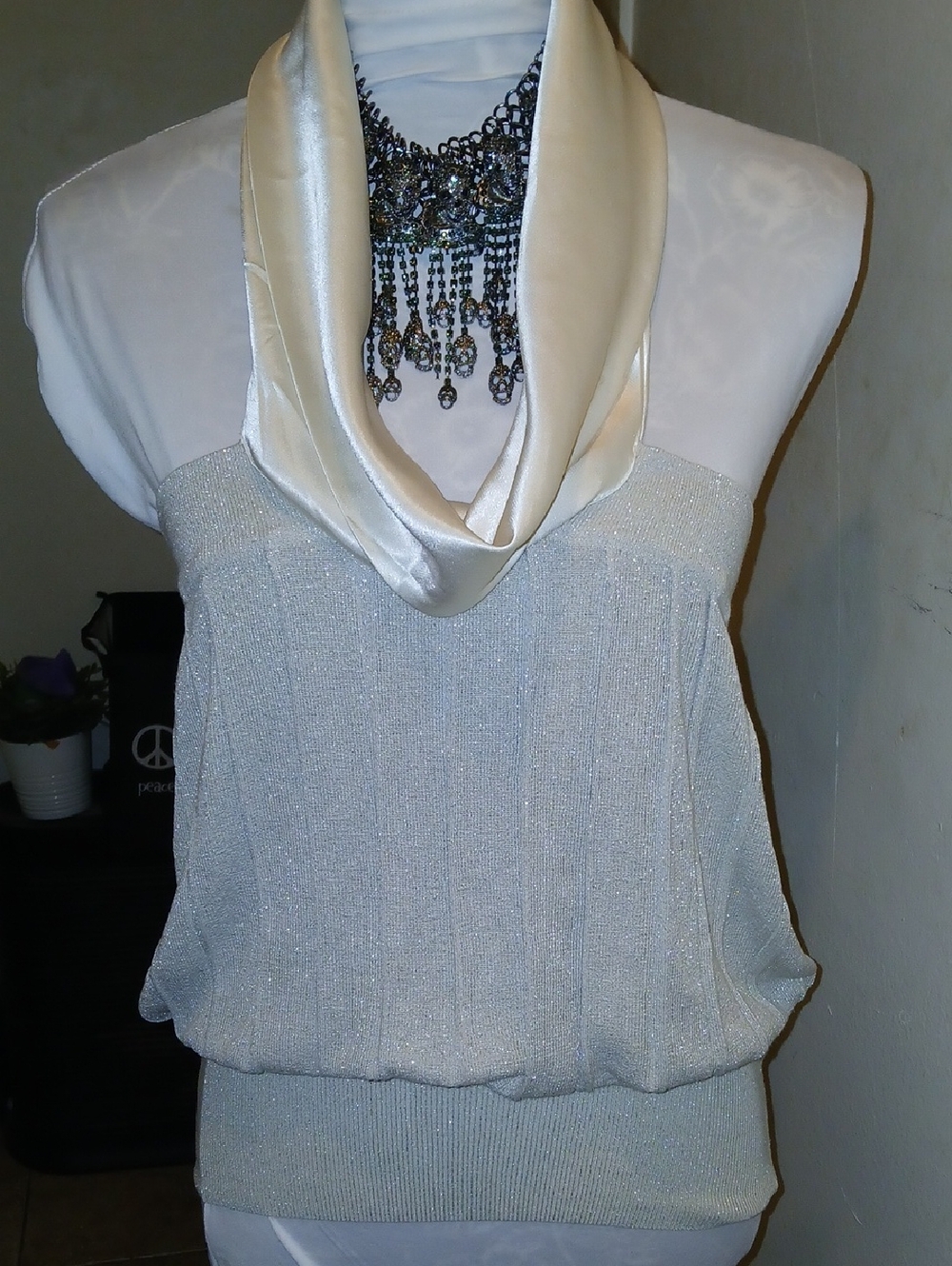 Arden B Ivory Silk Cowl Neck Sparkle Top